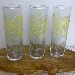 Bacardi Limon Highball Glasses Set of 3 Yellow Frosted Barware Rum Bat Logo